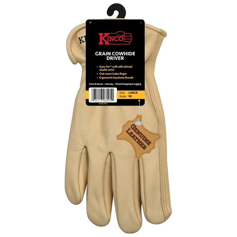 Kinco 98-L Gloves, L, Keystone Thumb, Easy-On Cuff, Cowhide Leather, Tan