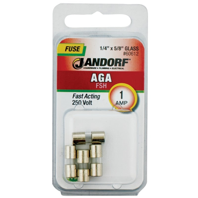 Jandorf 60612 Series Fast Acting Fuse, 0.11 Ohm, 1 A, 250 V, 35 A, 10 kA Interrupt, Glass Body, 5/8 in Length