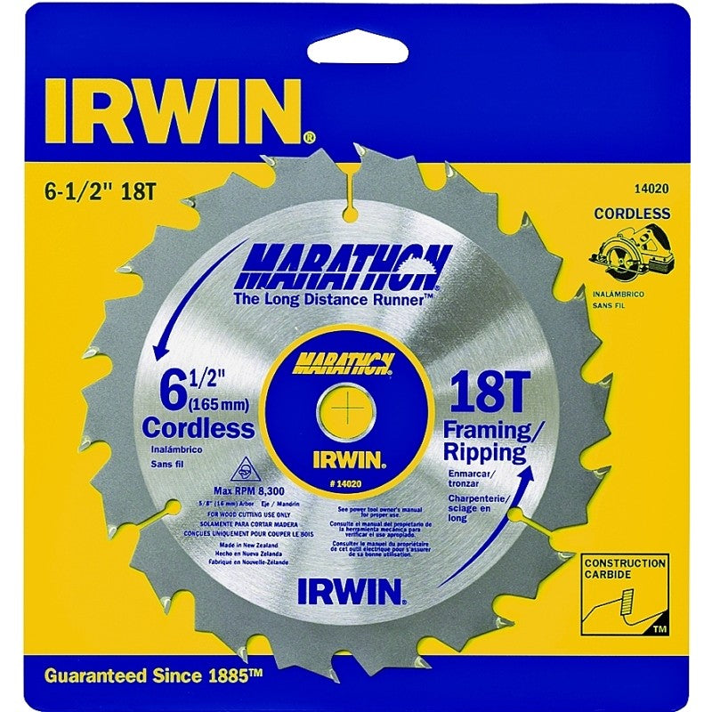 Irwin Marathon 14020 Circular Saw Blade, 6-1/2 in Dia, 5/8 in Arbor, 18-Teeth, Carbide Cutting Edge