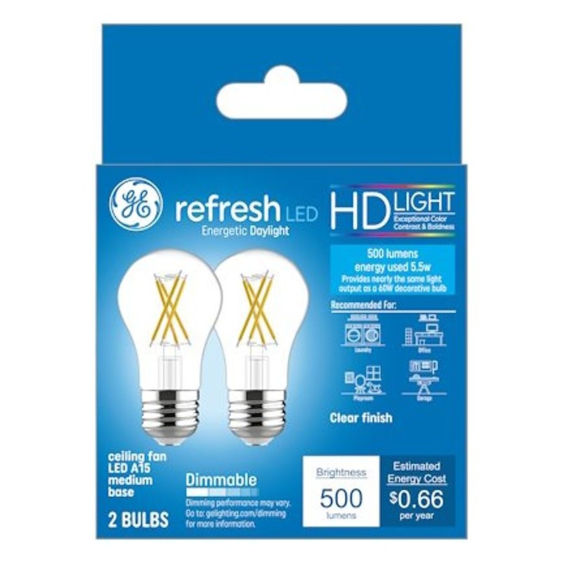 GE Refresh Series 46661 Ceiling Fan Light Bulb, High-Definition, A15 Lamp, 60 W Equivalent, Medium Lamp Base, Yes, Clear